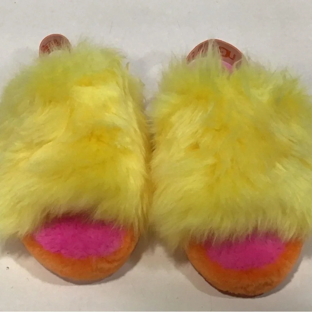 NEW!! Big Girls UGG x Sesame Street Big Bird Fluff Yeah Yellow/Pink Slippers 5